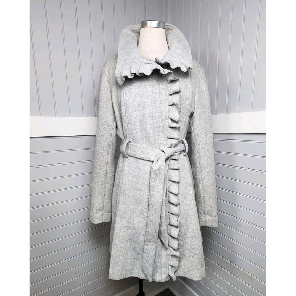 Steve Madden Sophisticated Fashion Coat Womens L Gray Ruffle Waist Tie Feminine